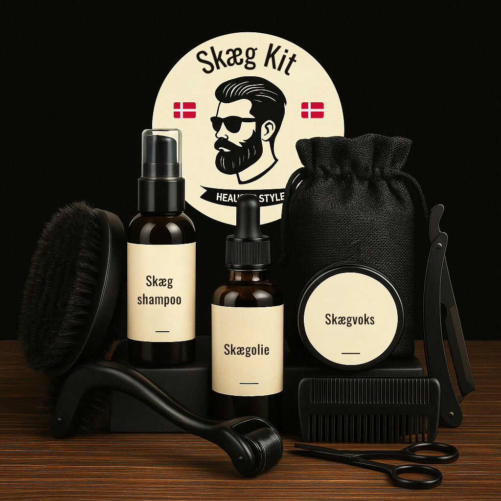 Skægplejekit med olie, balsam, børste, kam og saks fra AVA Beauty