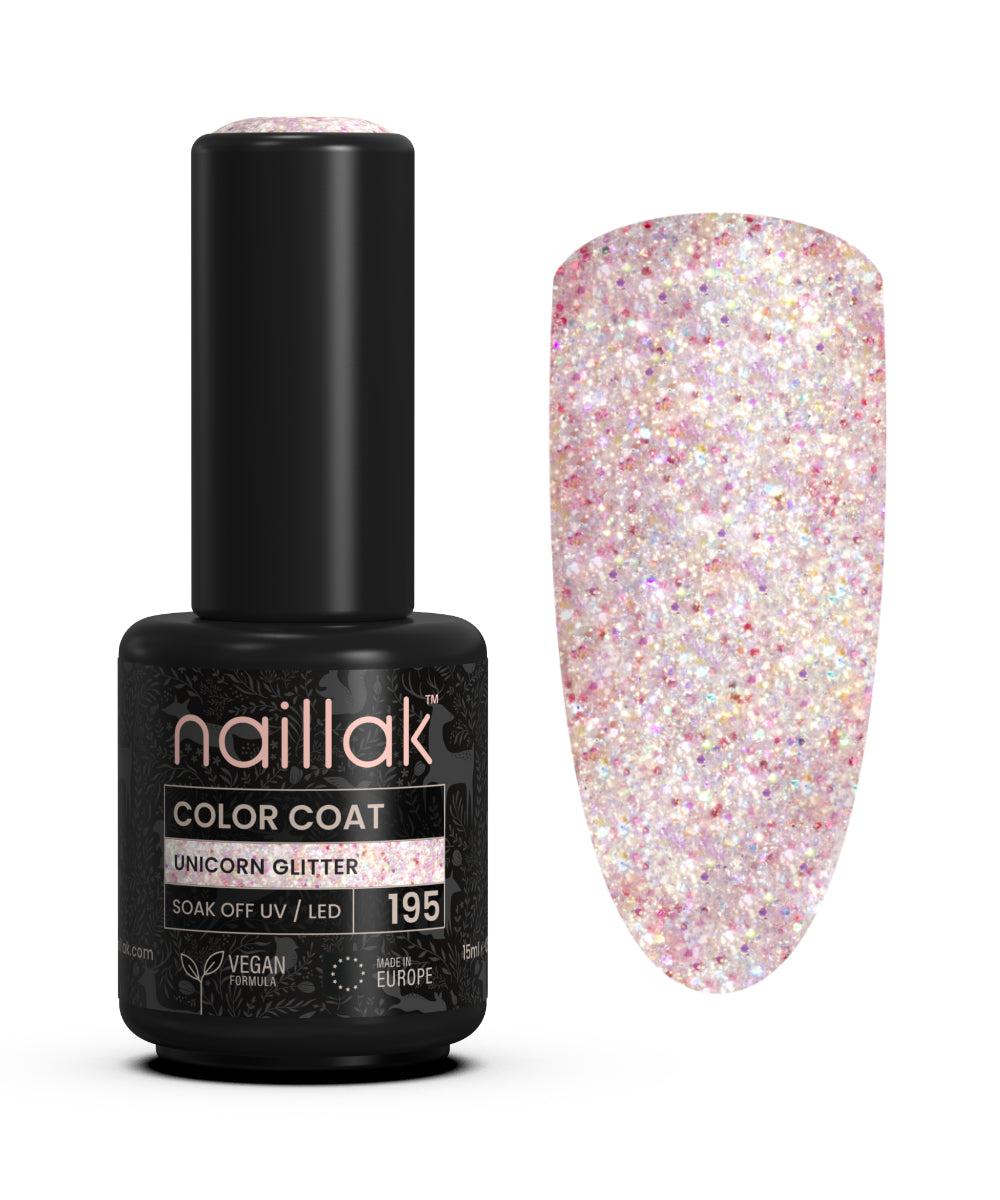 Naillak Unicorn Glitter gellak, transparent glimmer-neglelak i flaske
